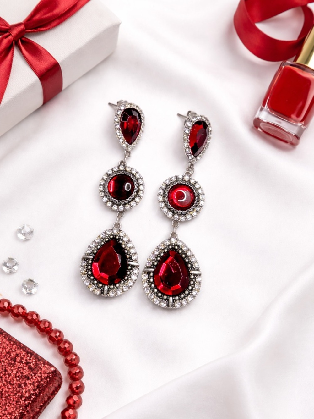 Vintage Style Red Rhinestone Chandelier Earrings | Art Deco Glam Statement